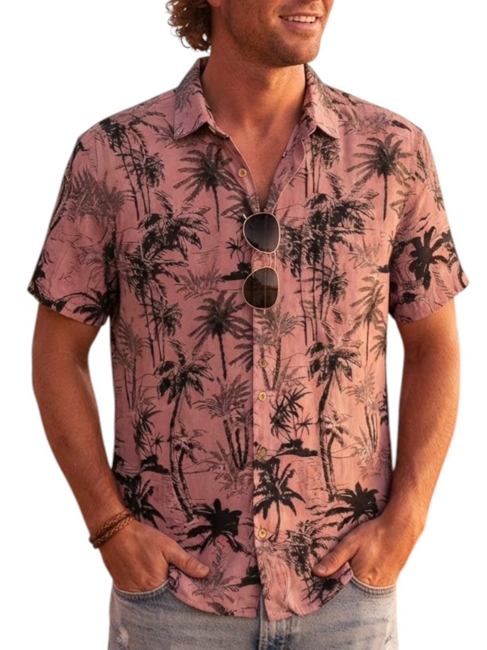 GEORGE Tropical Palm Tree Hawaiian Print Camp Shirt Size M